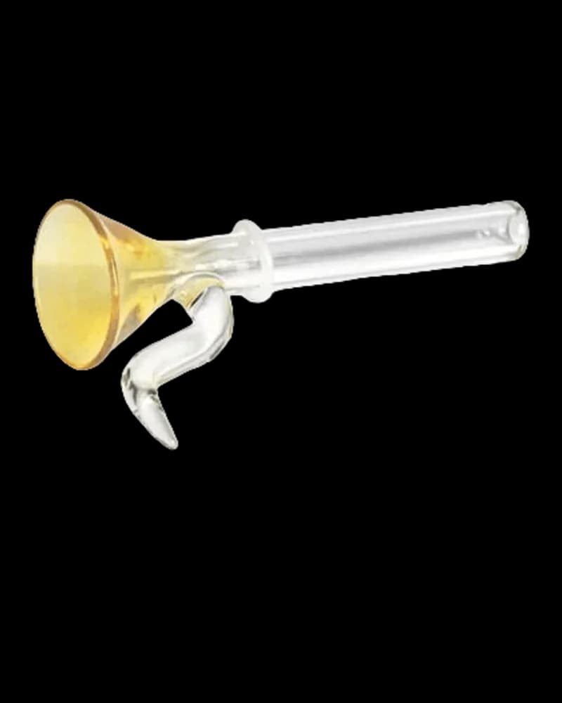 Pipe à eau en verre pour cannabis avec bol jaune et tige transparente sur fond blanc