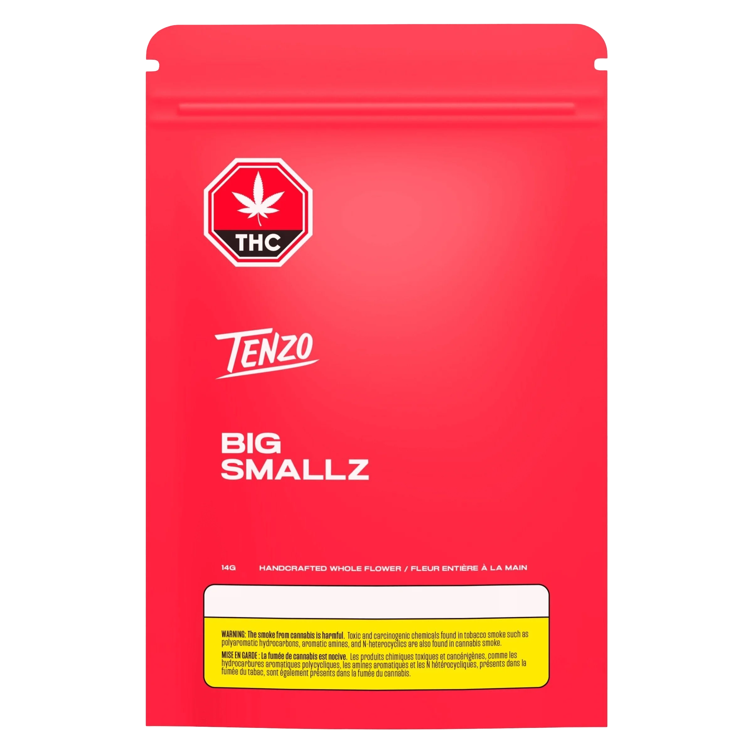 Emballage de 14 g de fleurs séchées Tenzo Big Smallz avec fond rouge, symbole THC et étiquette d'avertissement de Santé Canada