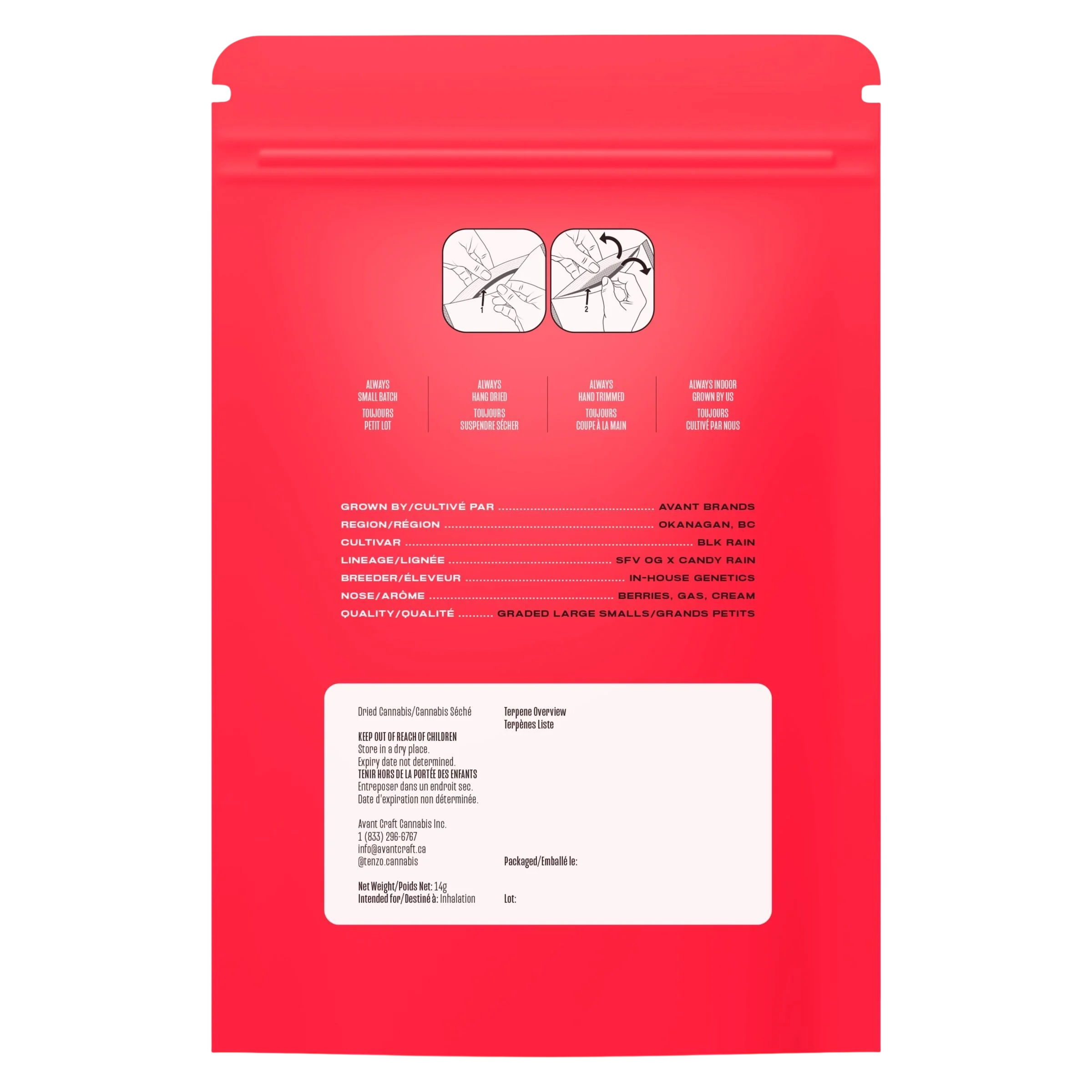 Tenzo Big Smallz dried flower cannabis package, bright red pouch with branch illustrations, 1.6g, grown by Avant Brands in Okanagan, BC