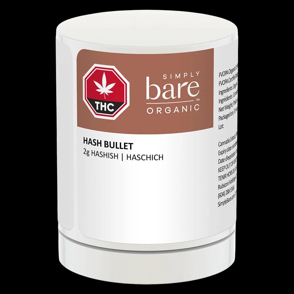 Haschich Simply Bare Hash Bullet 2 g dans un contenant cylindrique blanc avec étiquette brune