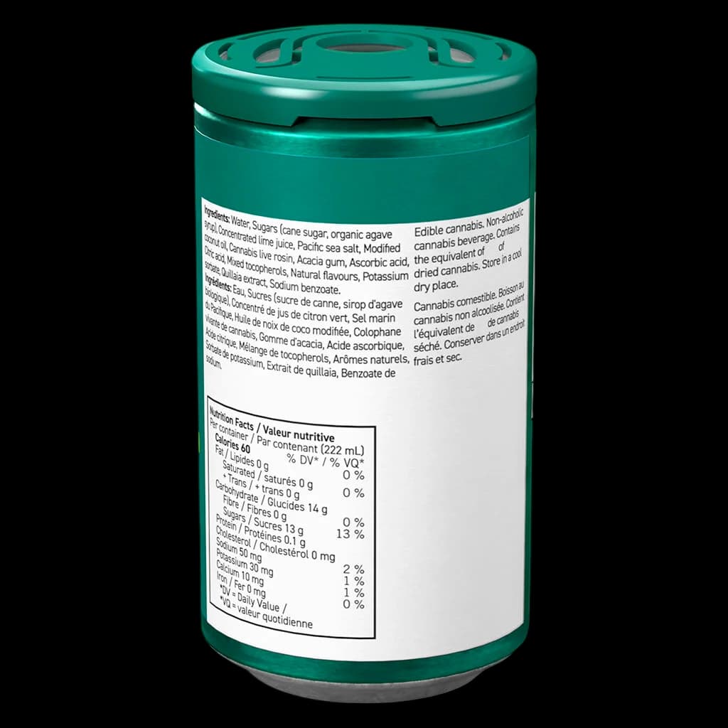 Emerald Hour Agave Lime Sea Salt cannabis beverage, 222 mL bottle with teal label showing ingredients and nutrition facts