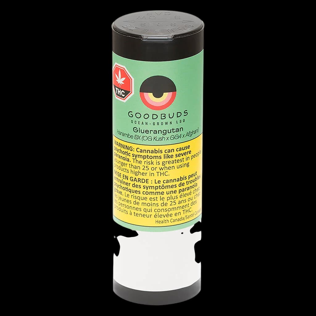 Goodbuds Gluerangutan pre-roll package, green cylinder with black cap and yellow Health Canada warning label