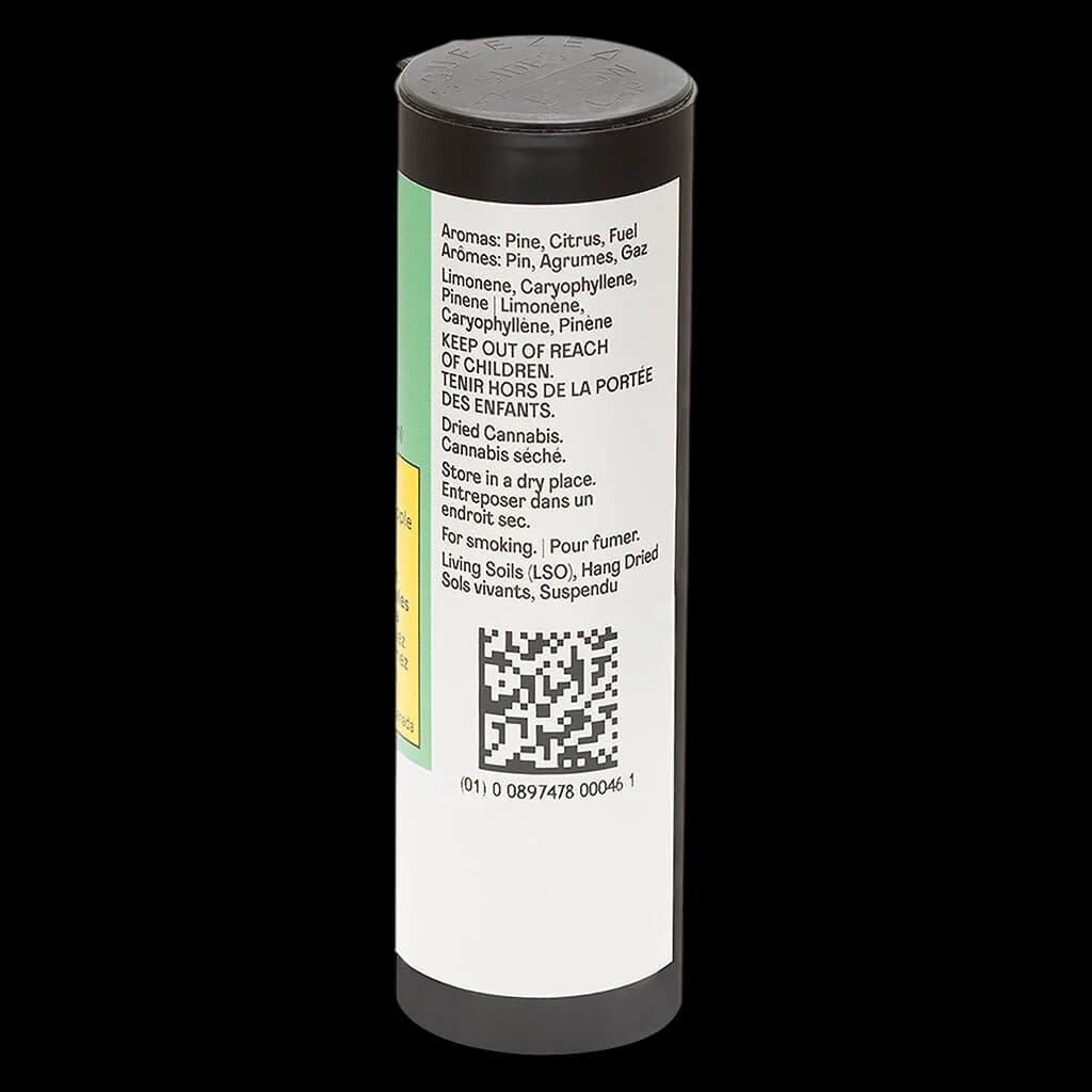 Gluerangutan pre-roll package with green and yellow label, regulatory text, QR code, and black child-resistant cap