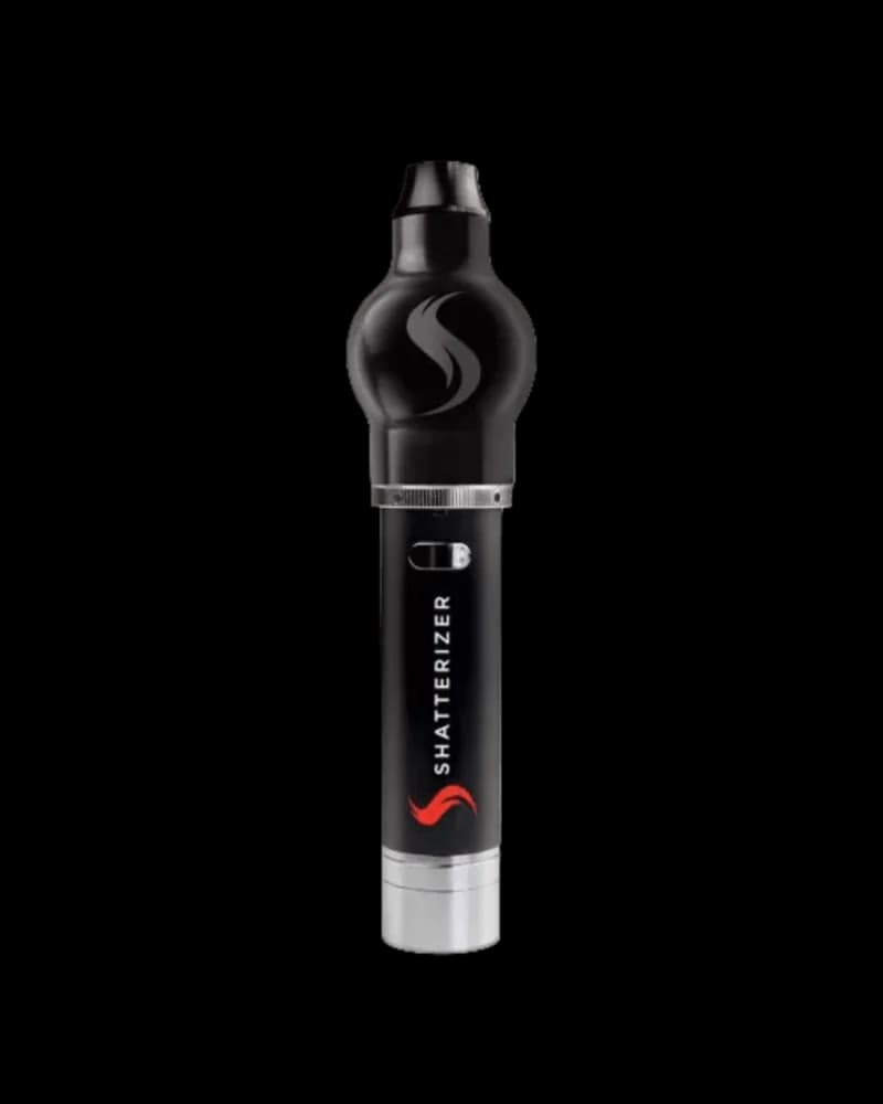 Shatterizer black portable cannabis vaporizer with silver base and curved mouthpiece