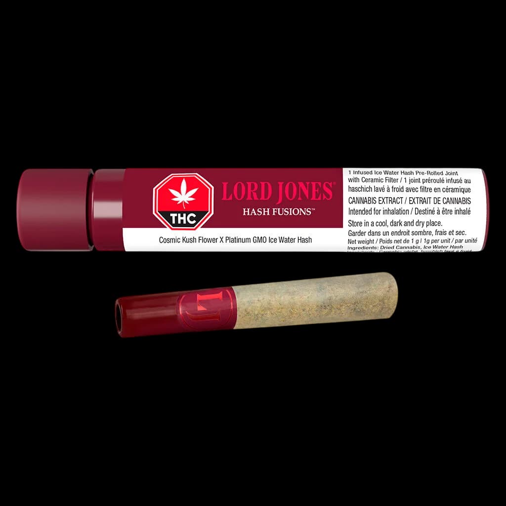 Lord Jones Hash Fusions Cosmic Kush Flower X Platinum GMO Ice Water Hash pre-rolled joint with ceramic filter and infused tip