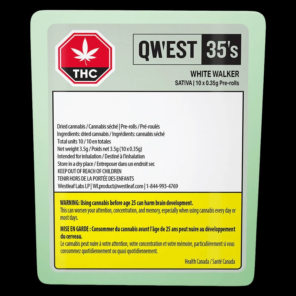 Qwest 35's White Walker Sativa pre-rolls, 10 x 0.35g pack, 3.5g total with THC warning label