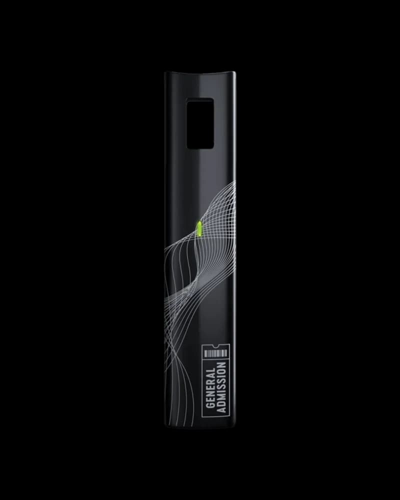Vaporisateur à pile Blinker de General Admission avec boîtier cylindrique noir et motif de lignes géométriques avec accent vert