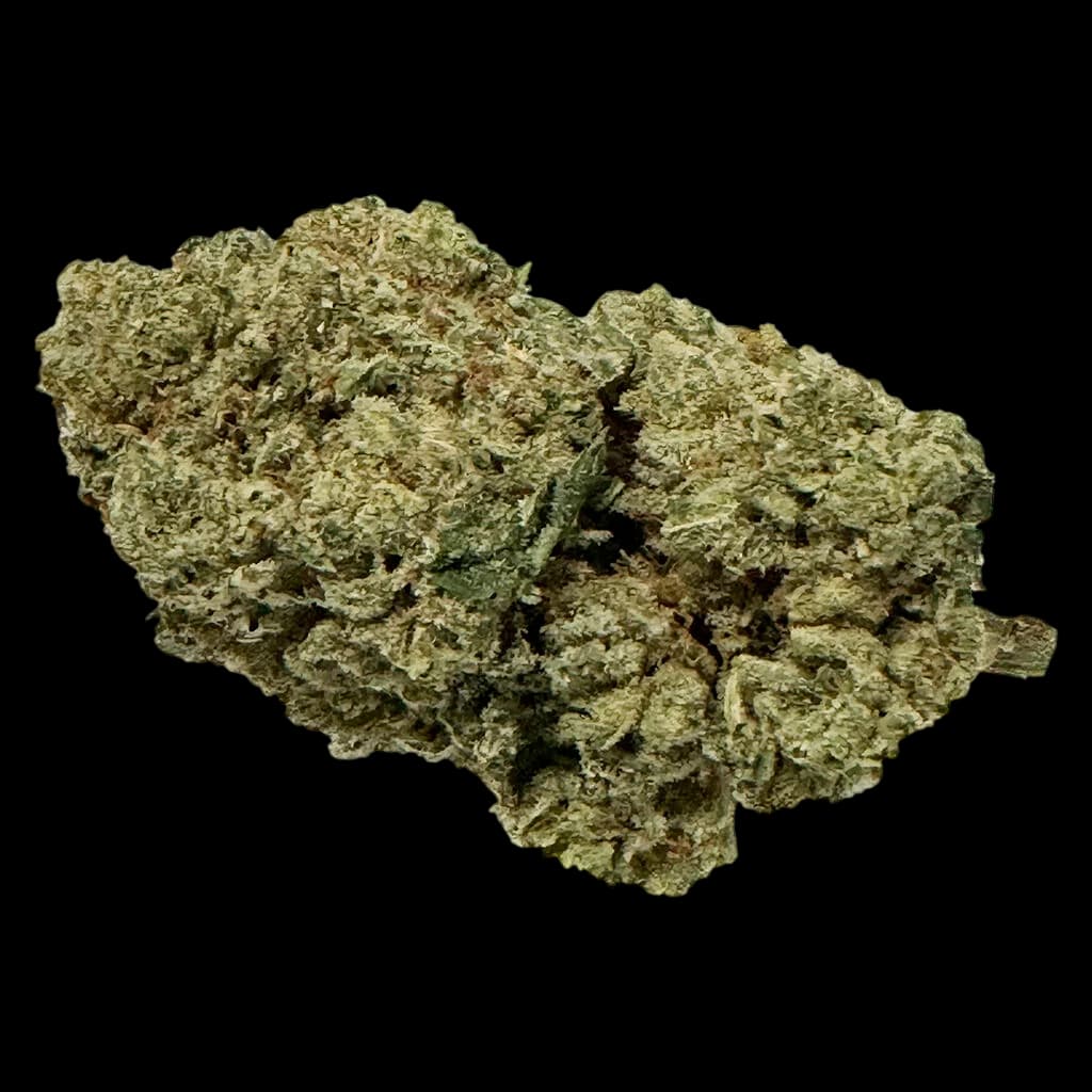 Fleurs séchées de cannabis Mango Tango de Fruit Drops, bourgeons vert clair avec trichomes visibles