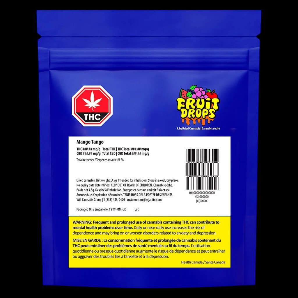 Fruit Drops Mango Tango 3.5g dried cannabis flower pouch with blue packaging, red THC symbol, and yellow Health Canada warning label