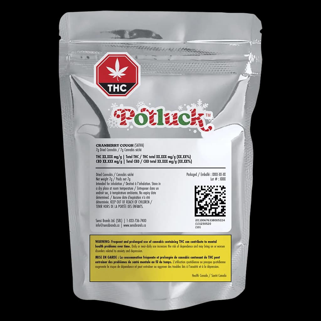 Pochette de 7 g de fleurs de cannabis séché Cranberry Cough de Potluck avec symbole THC rouge et mise en garde de Santé Canada