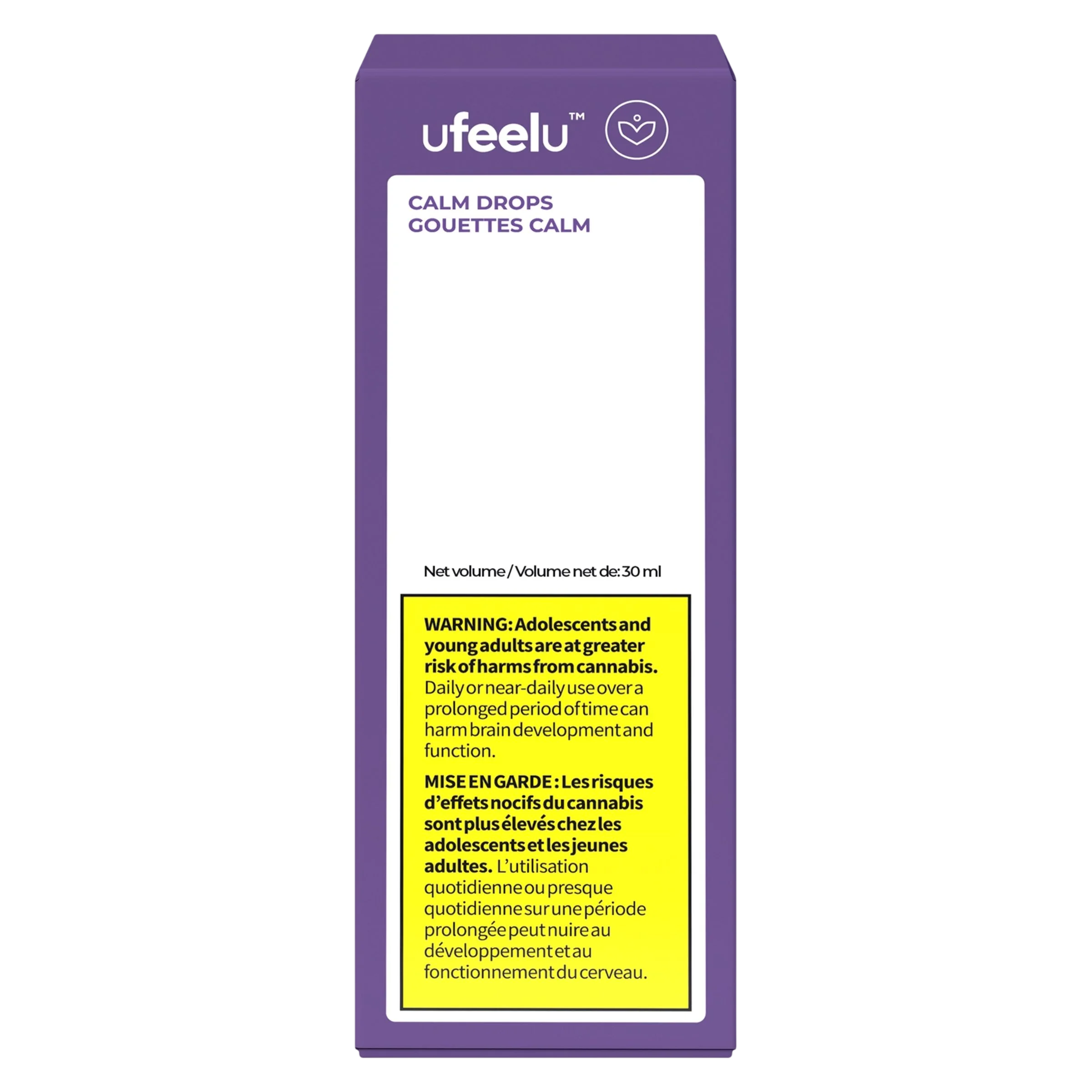Ufeelu Calm Drops 30ml bottle with purple packaging and yellow health warning label