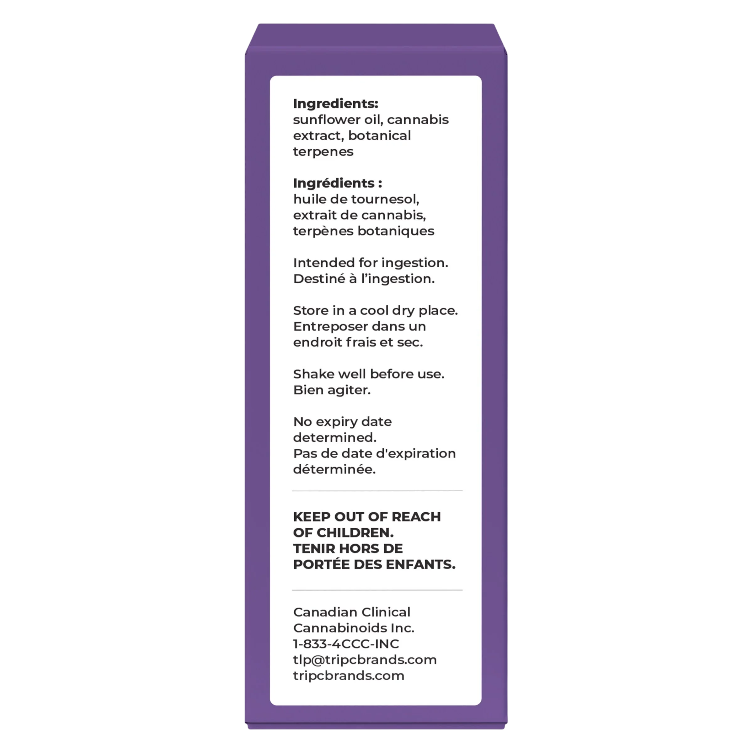 Back of purple Ufeelu Calm Drops cannabis oil bottle showing ingredients, usage instructions, and Health Canada warnings