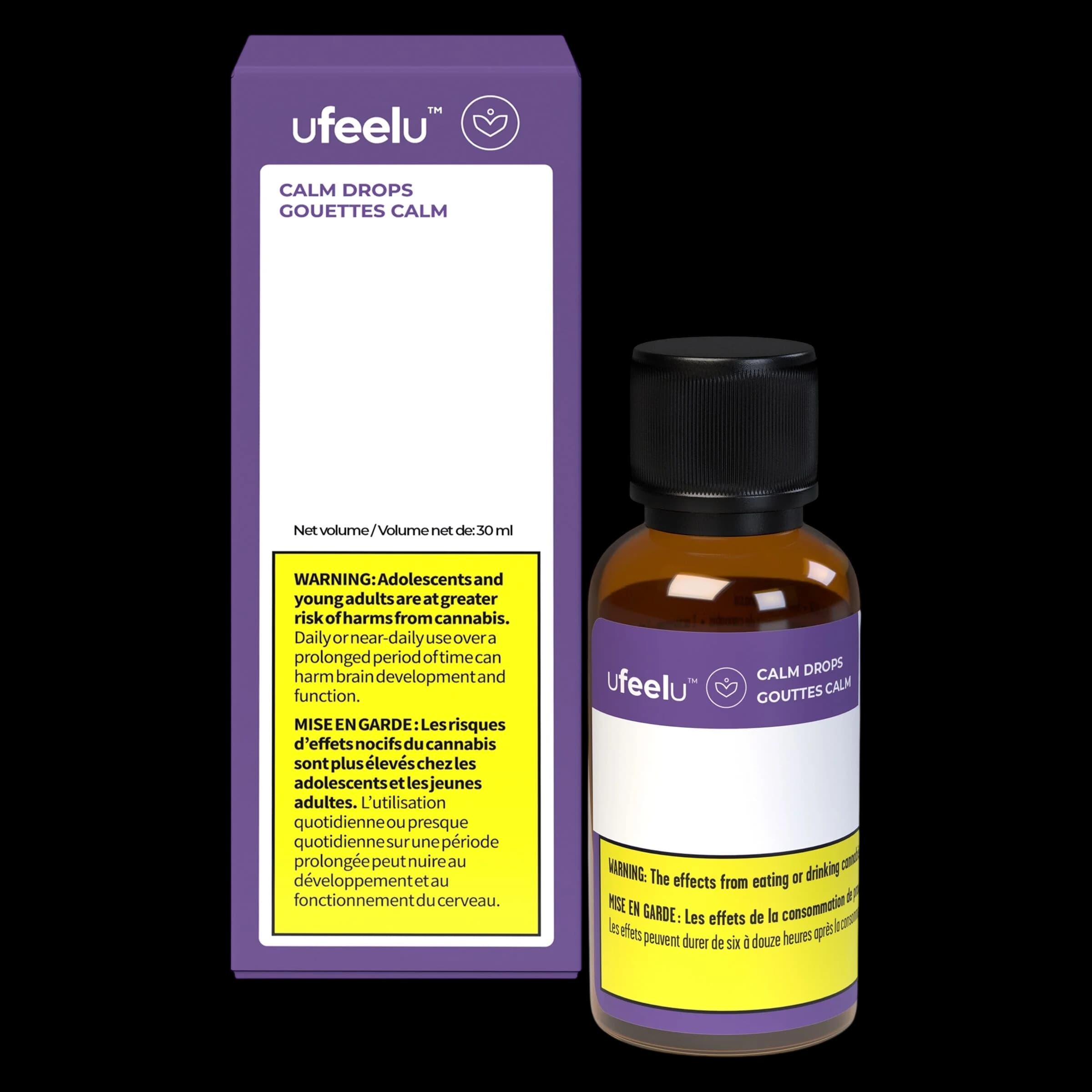 Ufeelu Calm Drops 30ml bottle with purple and white packaging box, amber glass bottle with black cap