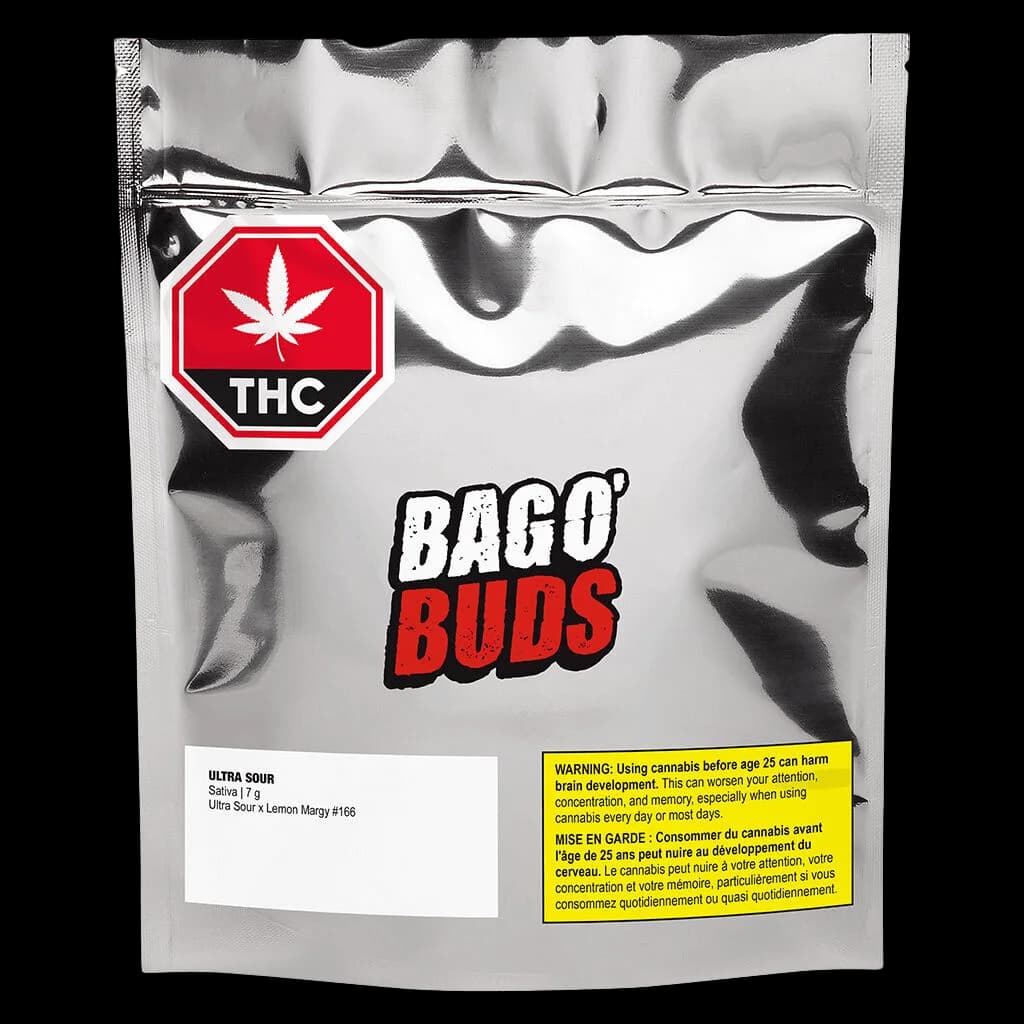 Bago Buds Ultra Sour 7g dried flower pouch with red THC logo and yellow health warning label