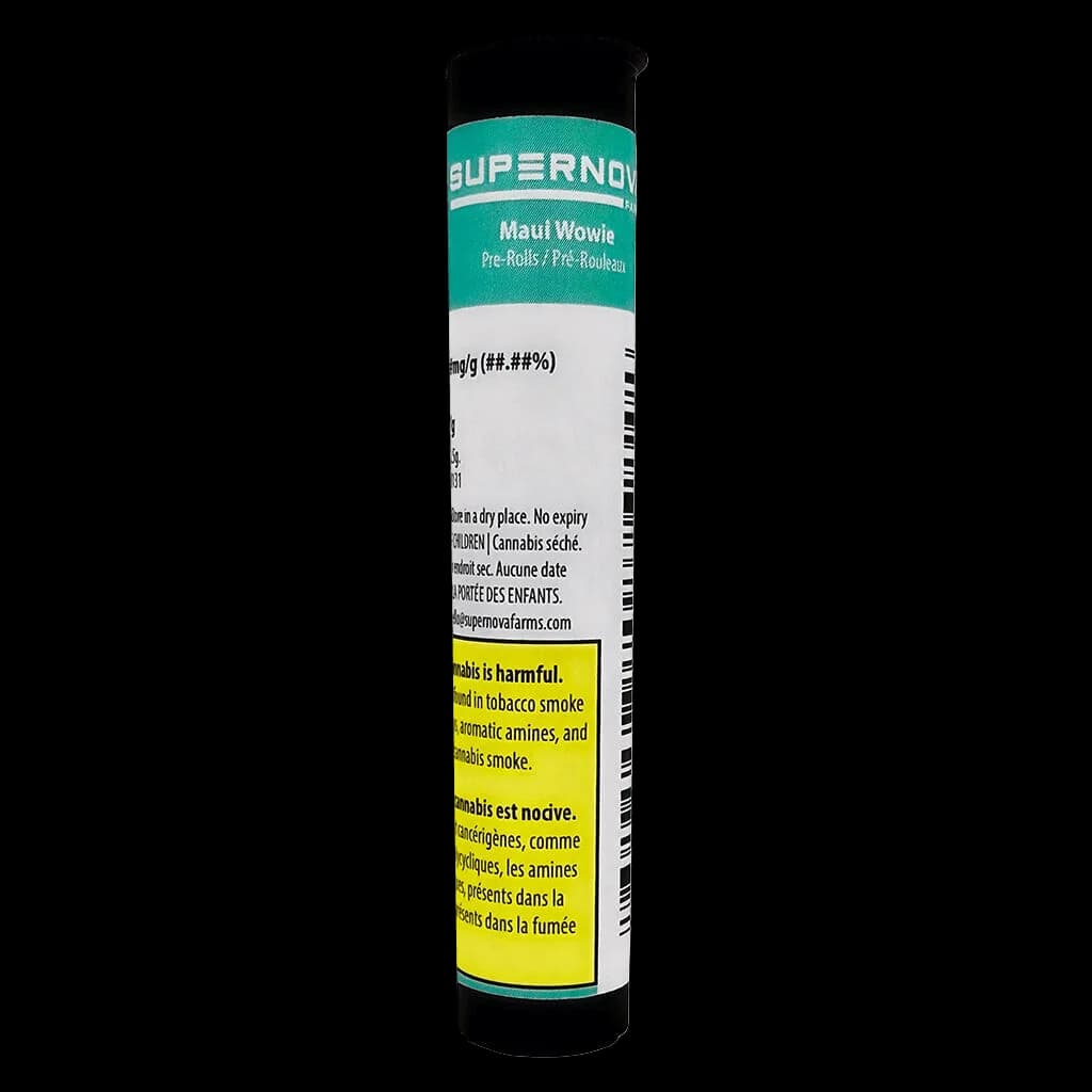 Emballage de pré-roulé Maui Wowie de Supernova Farms avec étiquette sarcelle et blanche, capuchon noir et étiquette d'avertissement jaune de Santé Canada