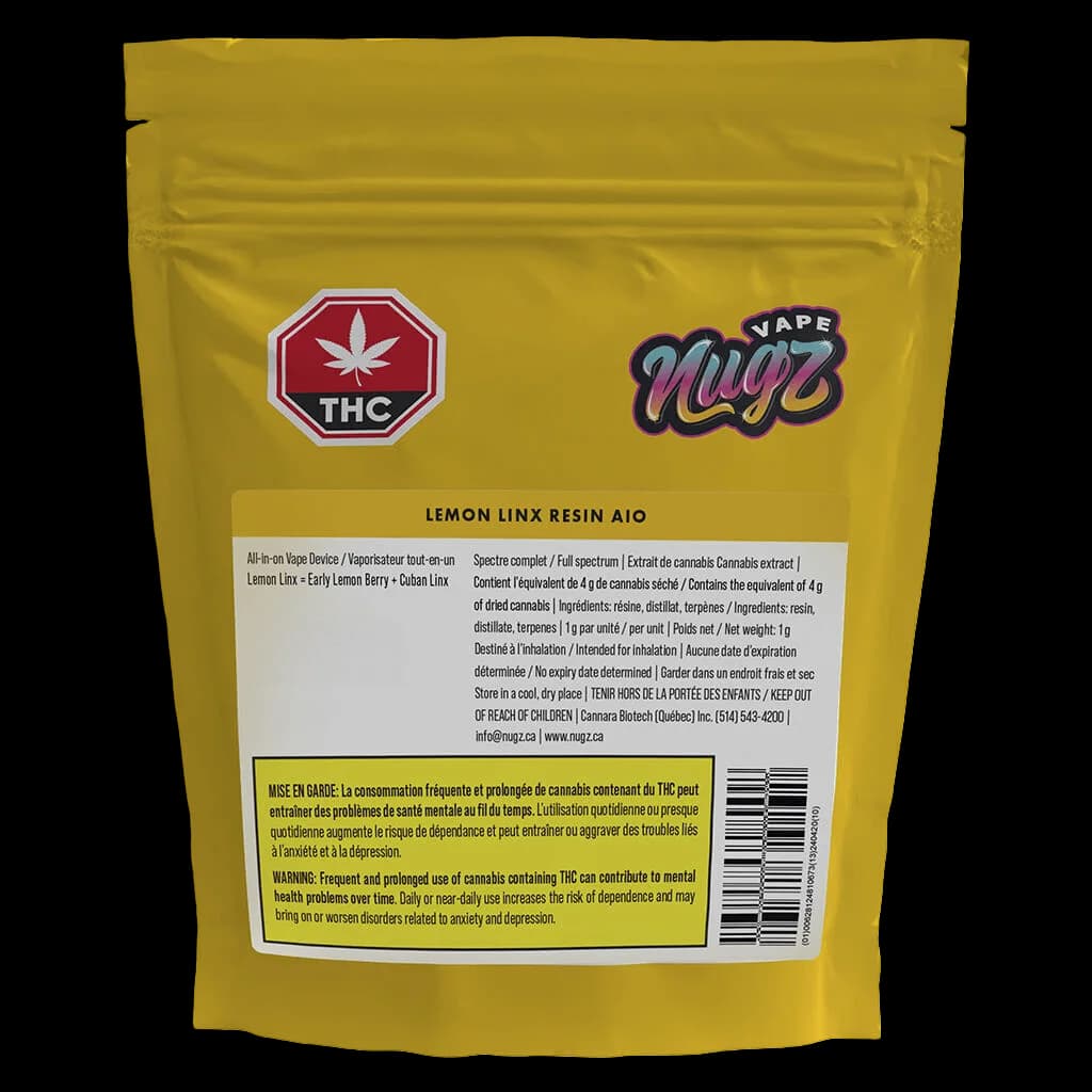 Stylo vapoteur jetable Nugz Vape Lemon Linx Resin AIO de 1 g dans un emballage jaune avec symbole d'avertissement THC