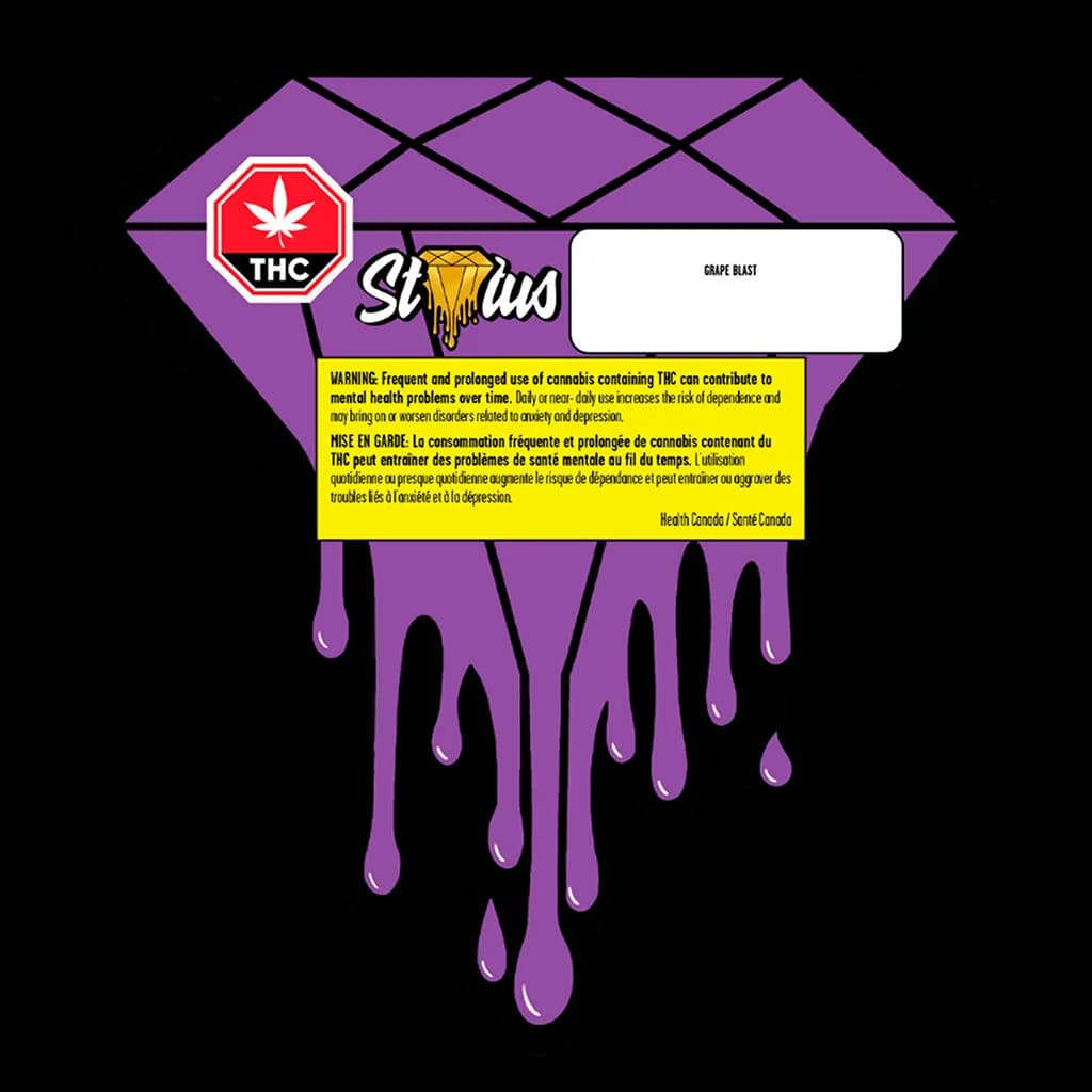 Status Grape Blast cannabis disposable pen with purple dripping design, THC warning symbol, and Health Canada warning label
