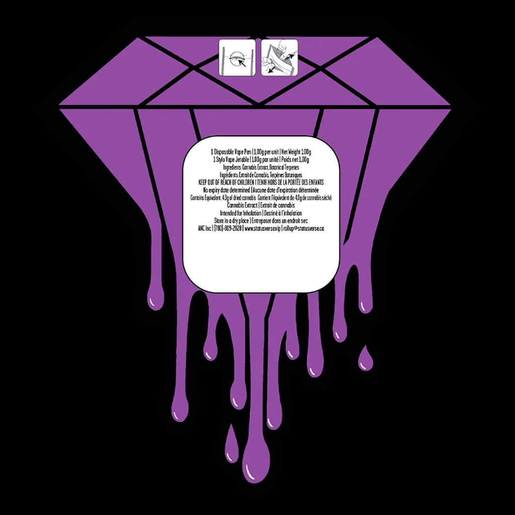 Stylo vapoteur jetable Status Liquid Diamond, saveur explosion de raisin, emballage violet avec motif dégoulinant et étiquette d'information réglementaire