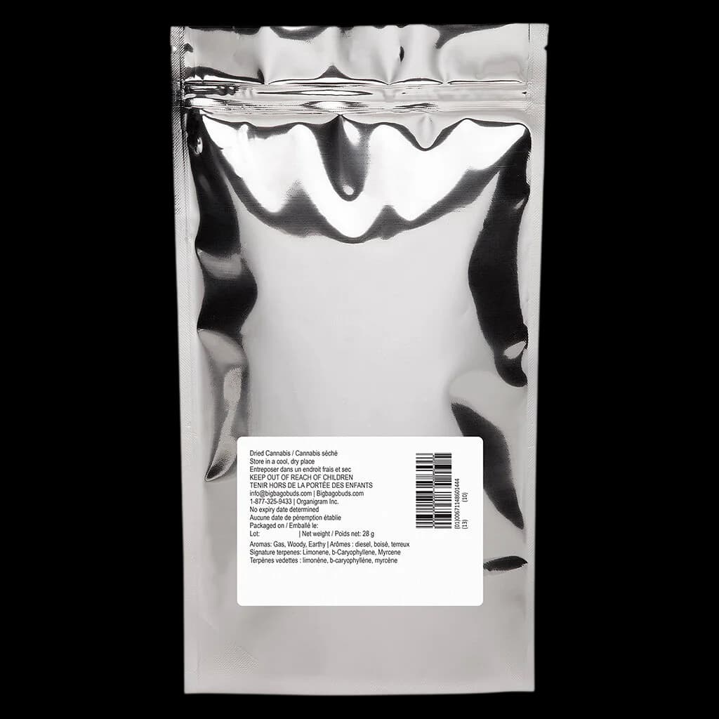 Big Bag O' Buds Jet Fuel Pie 28g dried flower cannabis pouch with white and black mylar packaging and product label