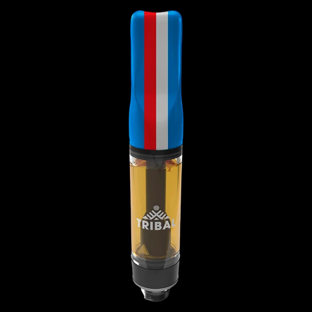 Tribal GT Live Resin 510 cannabis vape cartridge with blue, red, and silver striped mouthpiece and golden concentrate chamber