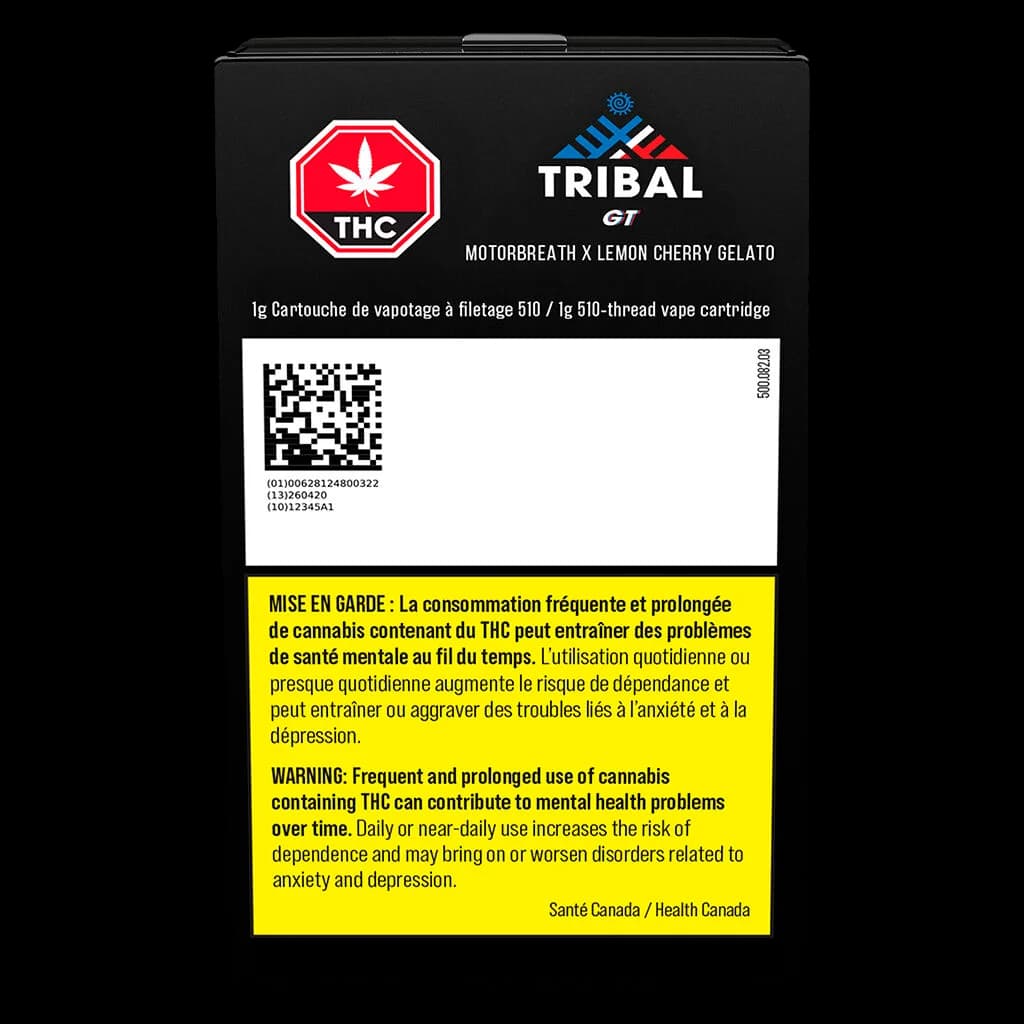 Tribal GT Motorbreath x Lemon Cherry Gelato 1g 510-thread vape cartridge package with THC warning label