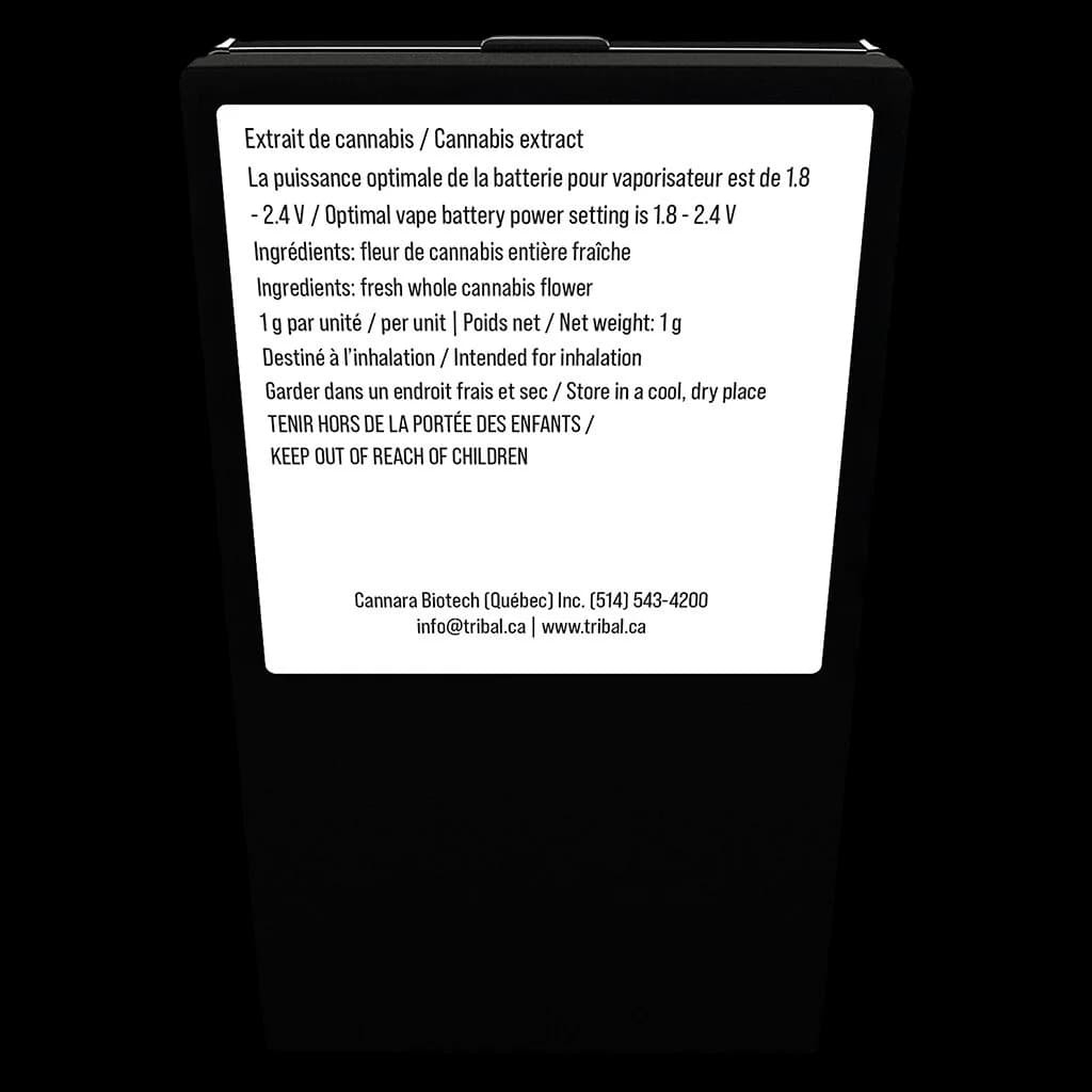 Tribal cannabis extract vape cartridge 1g packaging rear label showing usage instructions, ingredients, and Cannara Biotech producer details