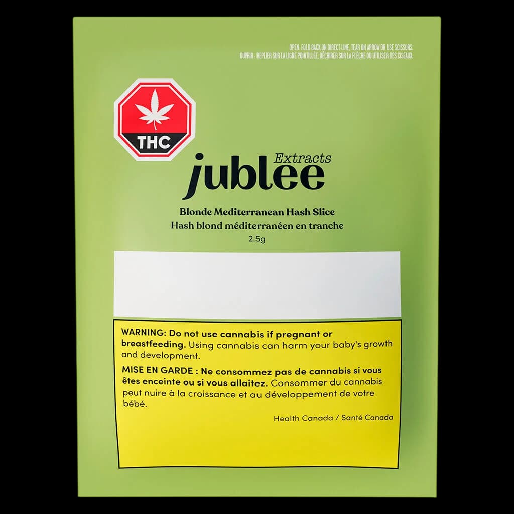 Jublee Extracts Blonde Mediterranean Hash Slice 2.5g cannabis concentrate package with THC warning symbol on lime green background