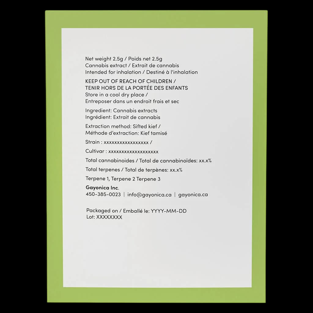 Gayonica Inc. cannabis extract label, 2.5g, sifted kief, bilingual product information and regulatory details