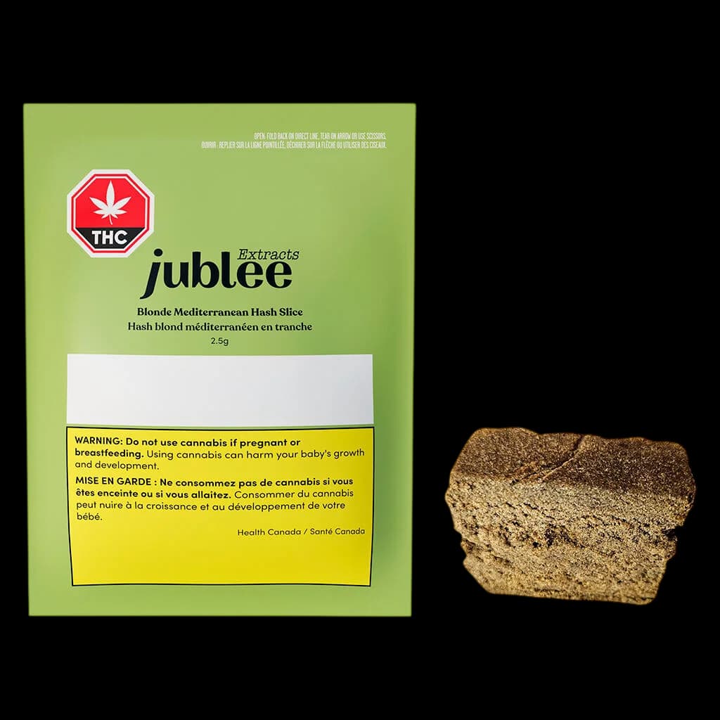 Jublee Extracts Blonde Mediterranean Hash Slice 2.5g cannabis concentrate with package showing THC warning label