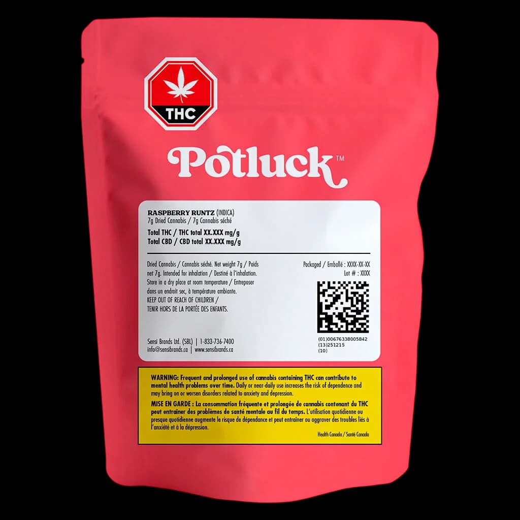 Potluck Raspberry Runtz 7g dried cannabis flower pouch with red packaging, THC symbol, and Health Canada warning labels