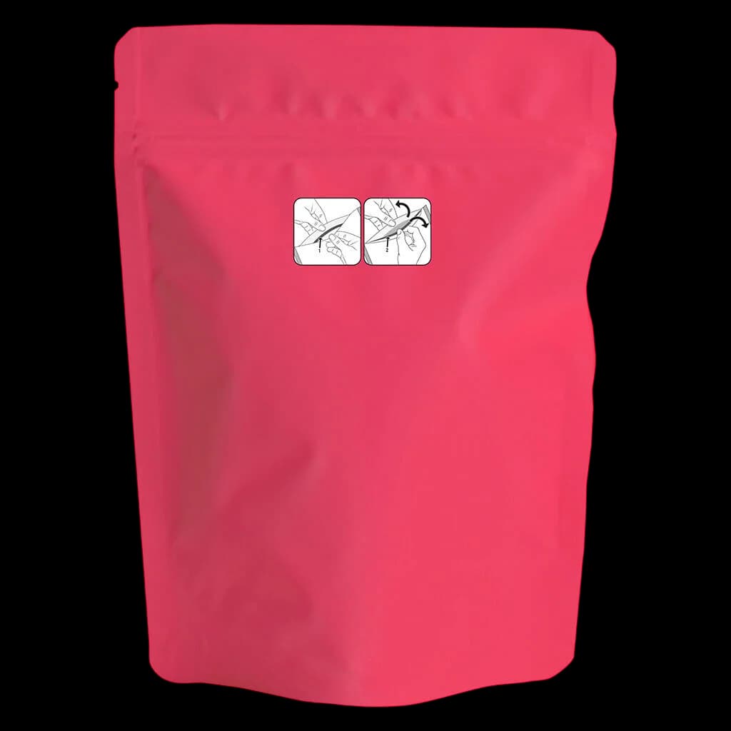 Potluck Raspberry Runtz dried flower cannabis in bright pink pouch with instructional icons
