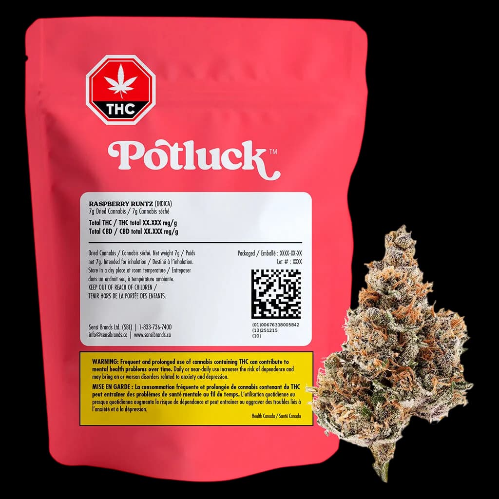 Potluck Raspberry Runtz 7g dried cannabis flower in red packaging with THC symbol, shown with product bud beside package