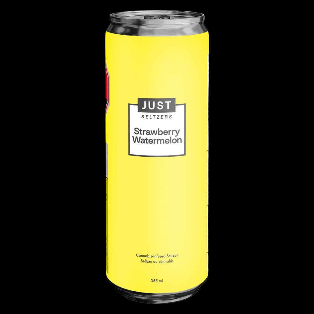 JUST Seltzers Strawberry Watermelon cannabis-infused seltzer, 355 mL can with bright yellow label
