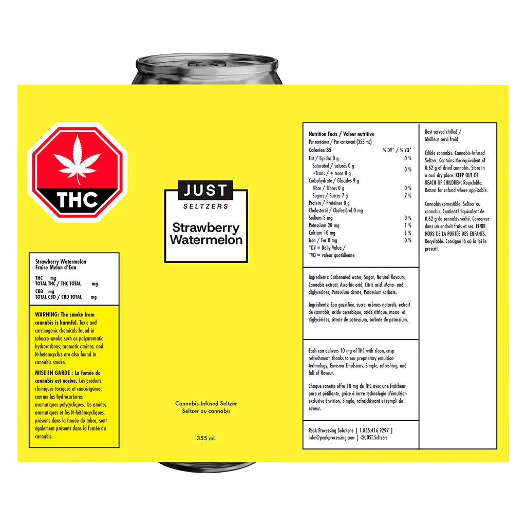 Canette de 355 mL de seltzer infusé au cannabis JUST Seltzers saveur Fraise Pastèque avec étiquette jaune affichant l'avertissement THC et les informations nutritionnelles