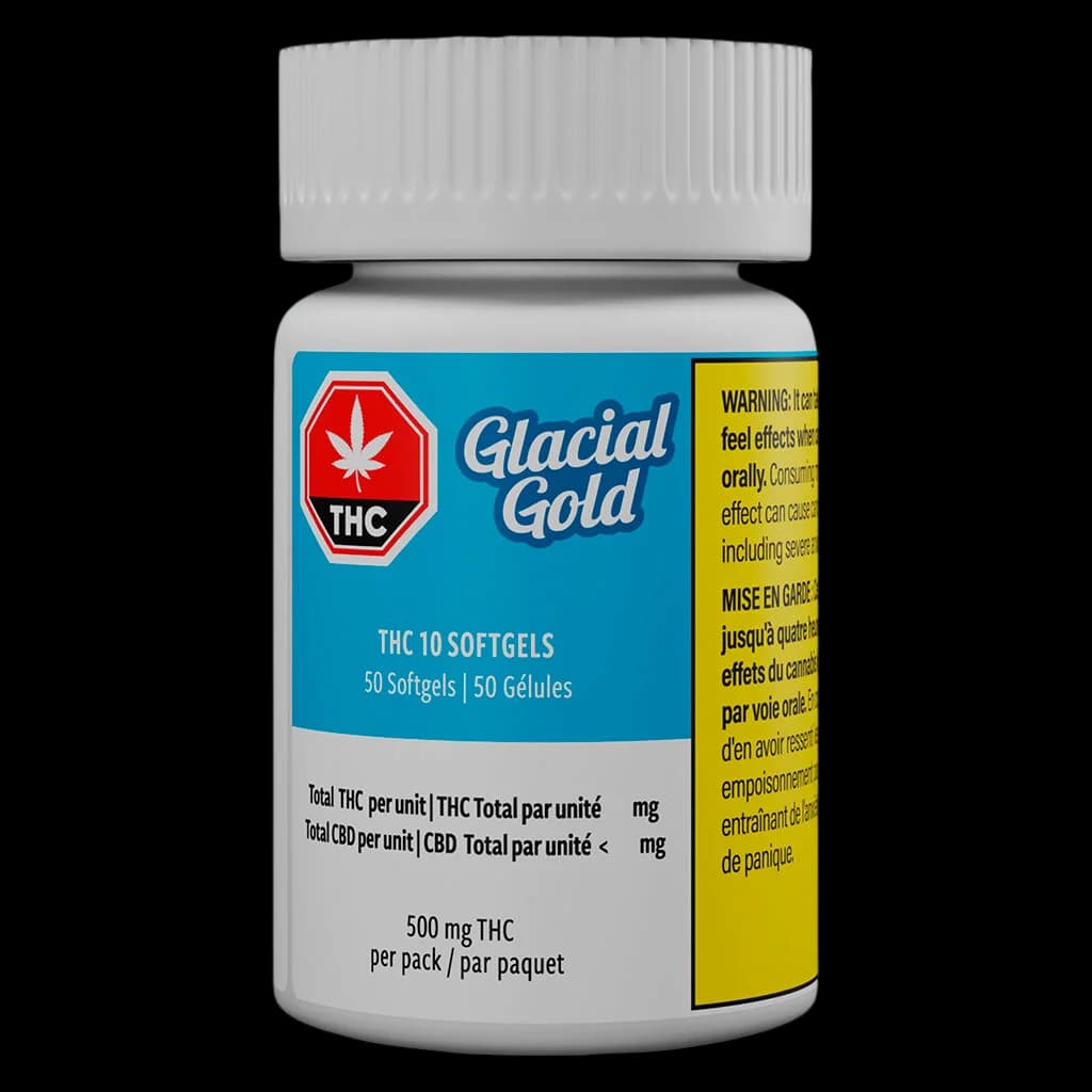 Glacial Gold THC 10 Softgels bottle, 50-count, 500mg THC per pack with white cap and blue/yellow label showing Health Canada warning
