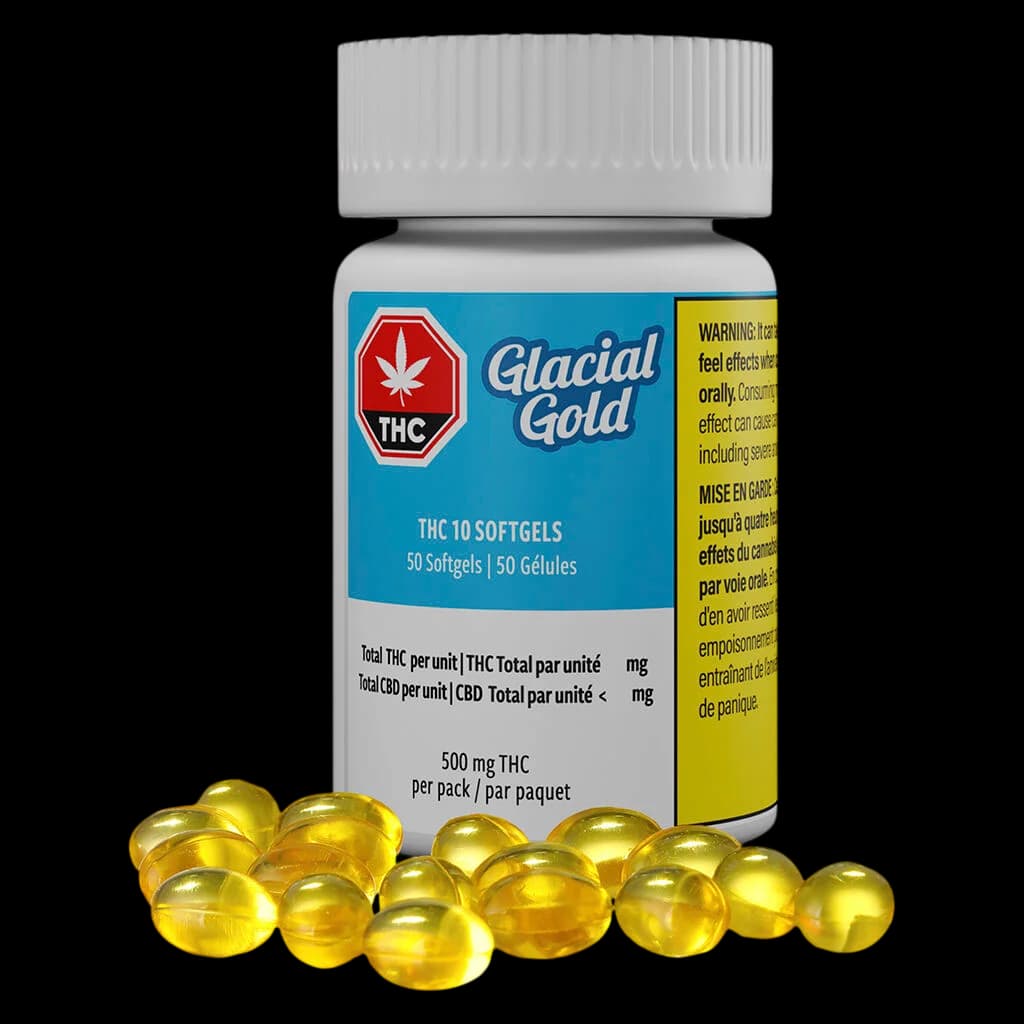 Glacial Gold THC 10 Softgels 50-pack bottle with yellow capsules, 500mg THC total