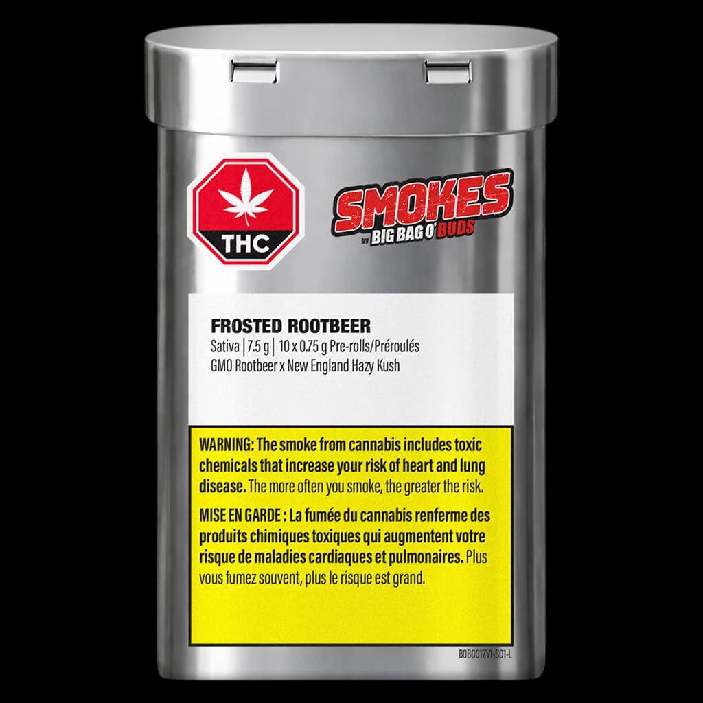 Big Bag O' Buds Smokes Frosted Rootbeer pre-roll pack, 7.5g total, 10 × 0.75g pre-rolls, sativa strain