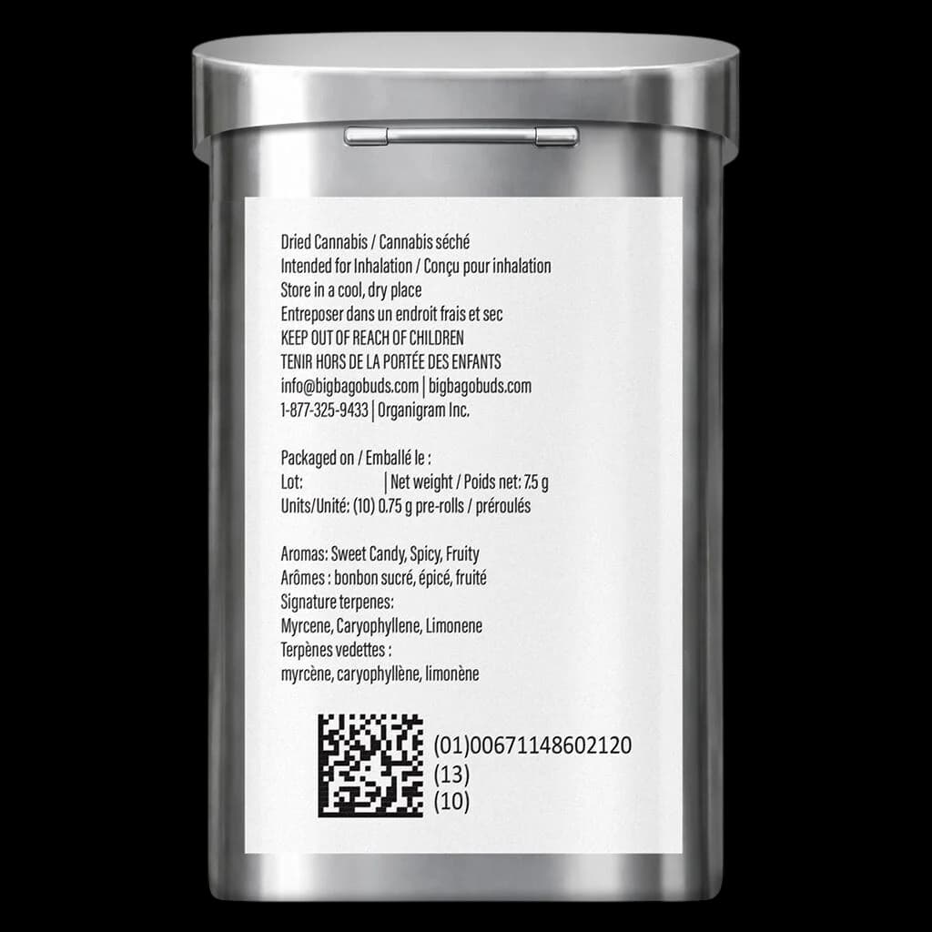 Big Bag O' Buds Frosted Rootbeer pre-roll pack, 75g net weight containing 10 x 0.75g pre-rolls in stainless steel container with regulatory label