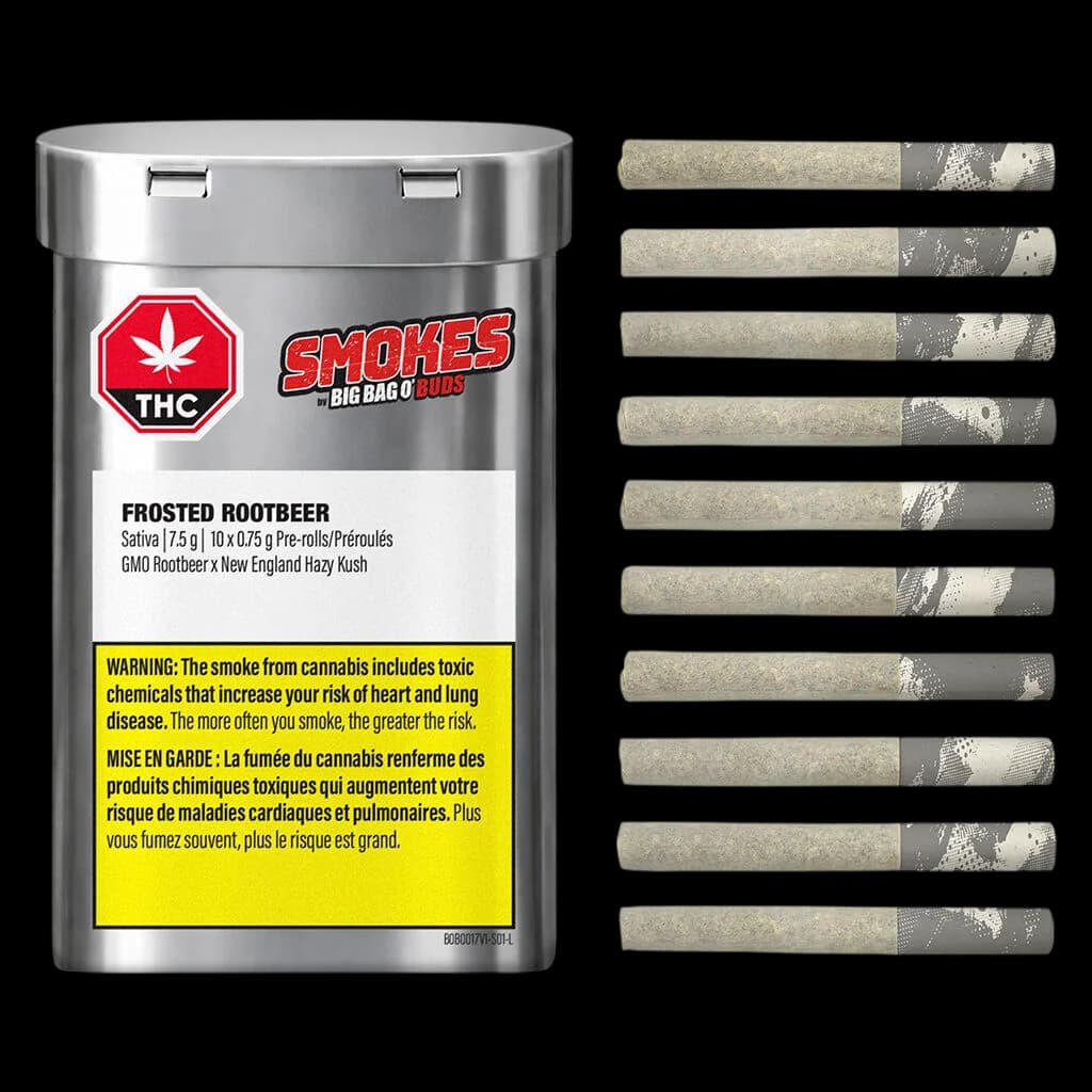 Big Bag O' Buds Smokes Frosted Rootbeer pre-roll pack with 10 individually wrapped cannabis pre-rolls displayed beside metallic tin container