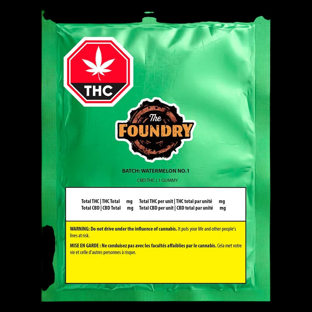 The Foundry Watermelon No. 1 cannabis gummy package with THC warning symbol and Health Canada bilingual warning label on green foil pouch