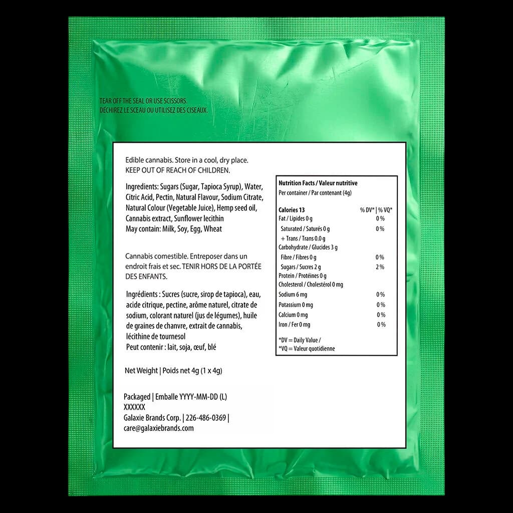 The Foundry cannabis edible soft chews package back label showing ingredients, nutrition facts, and storage instructions for 1 x 4g watermelon product