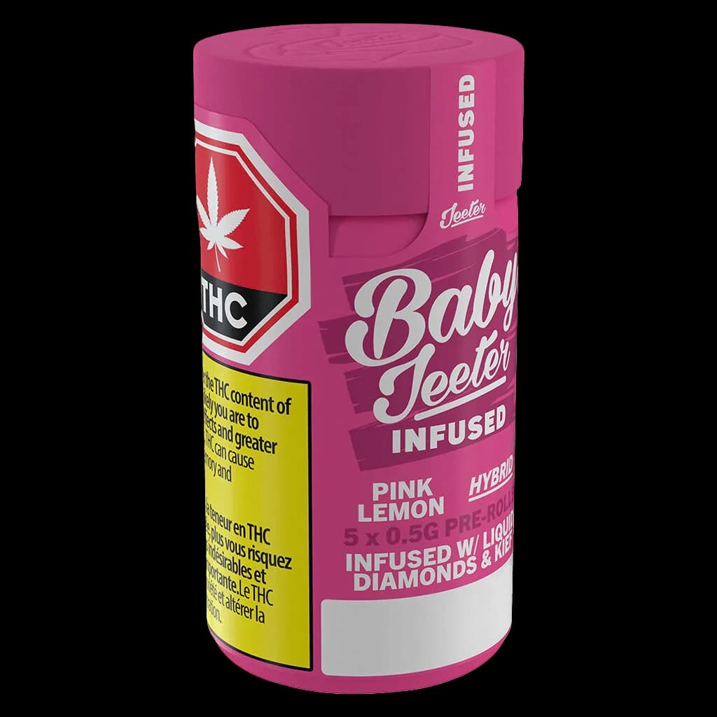 Paquet de pré-roulés infusés Baby Jeeter Pink Lemon, souche hybride, 5x0,5g avec diamants et kief