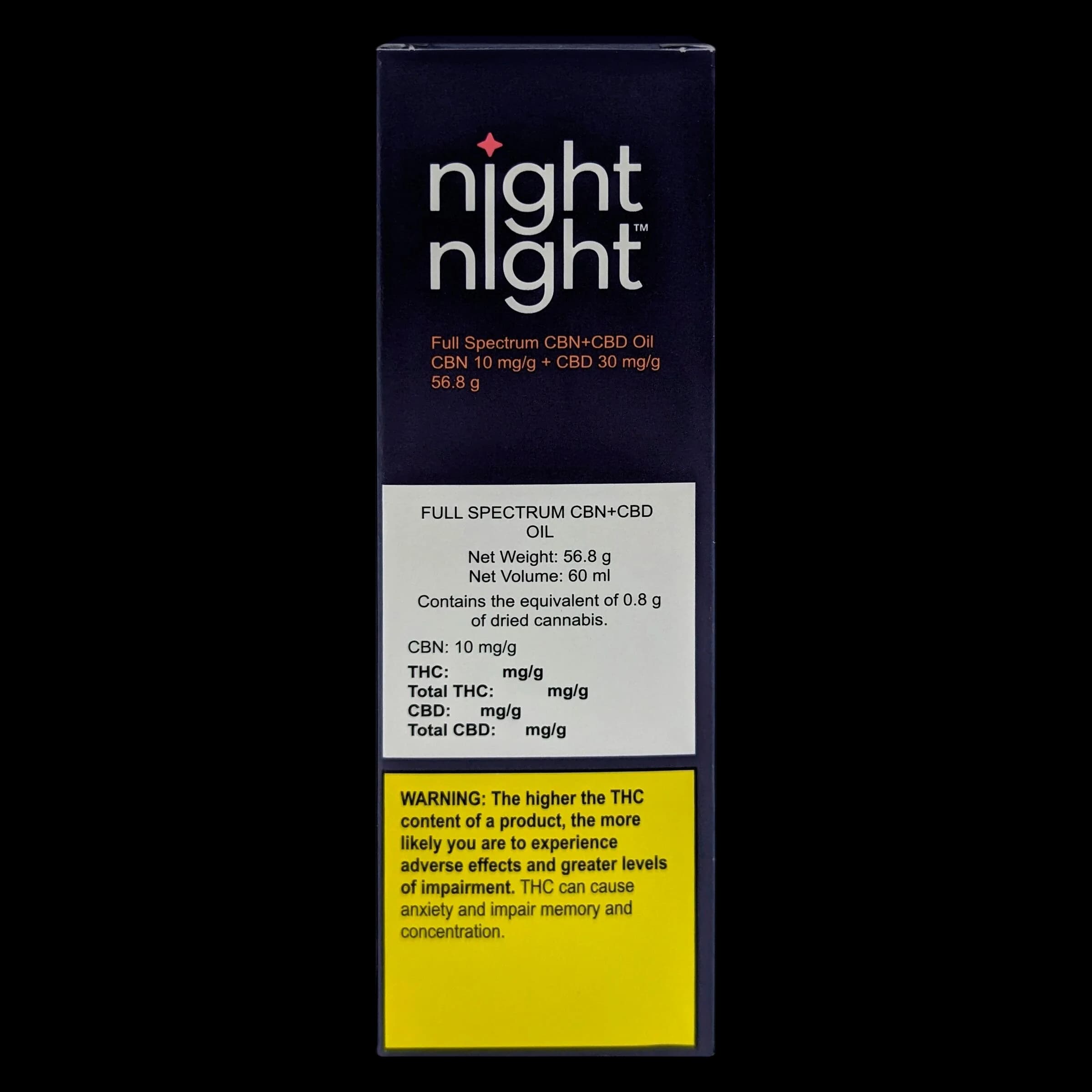 Night Night Full Spectrum CBN+CBD Oil 56.8g bottle, CBN 10 mg/g and CBD 30 mg/g cannabis concentrate