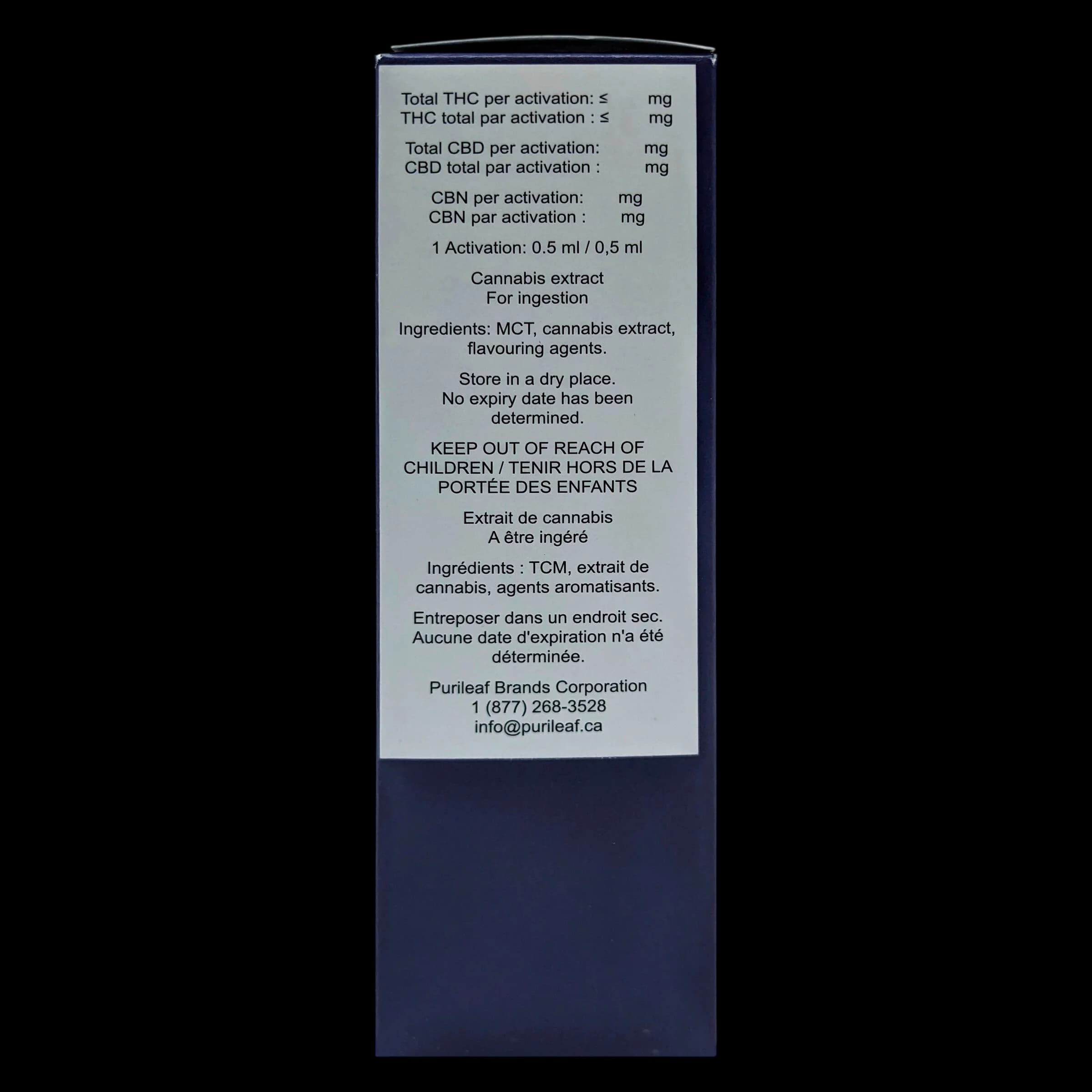Purileaf Brands cannabis extract label showing THC, CBD, and CBN content per 0.5ml activation, ingredients, and storage instructions in English and French