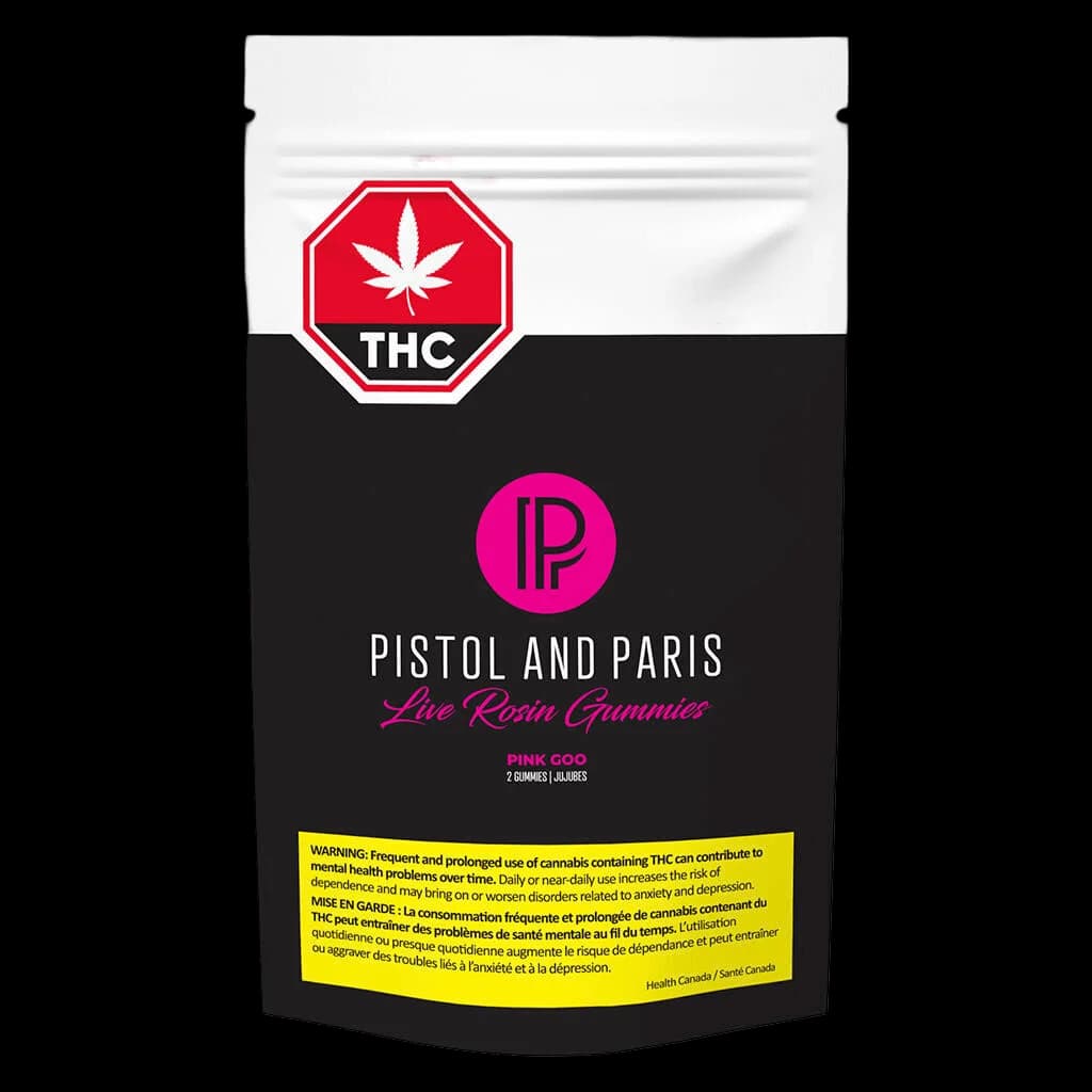 Pistol and Paris Pink Goo Live Rosin Gummies 2-pack with THC warning label and Health Canada advisory on black pouch