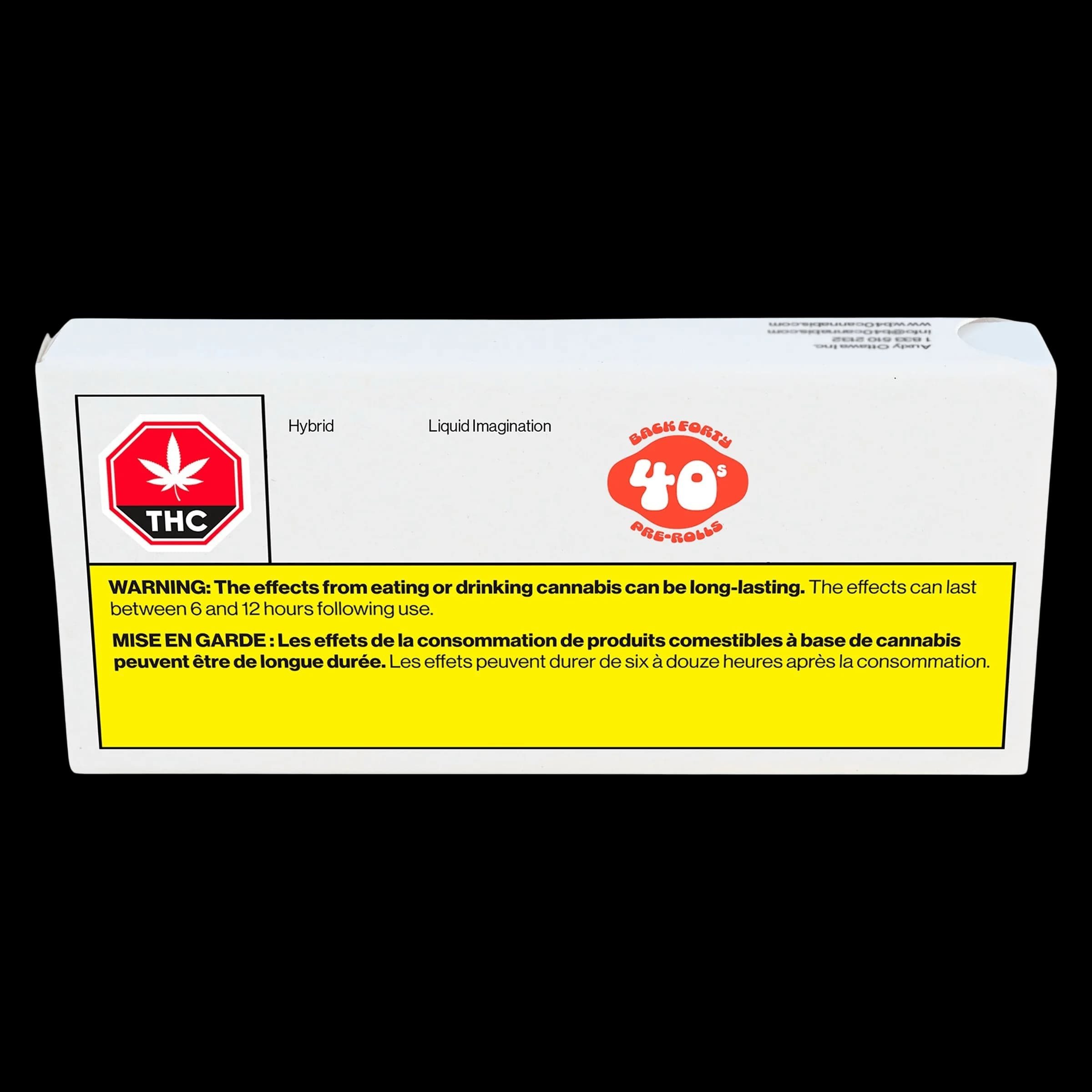 Back Forty Liquid Imagination hybrid cannabis pre-roll package front with THC warning label and bilingual health Canada warning