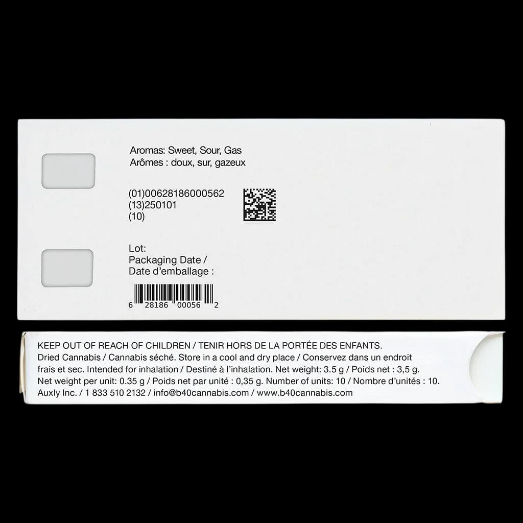 Back Forty Liquid Imagination pre-roll pack rear label showing aroma profile, lot numbers, QR code, barcode, and Health Canada regulatory information for 3.5g dried cannabis