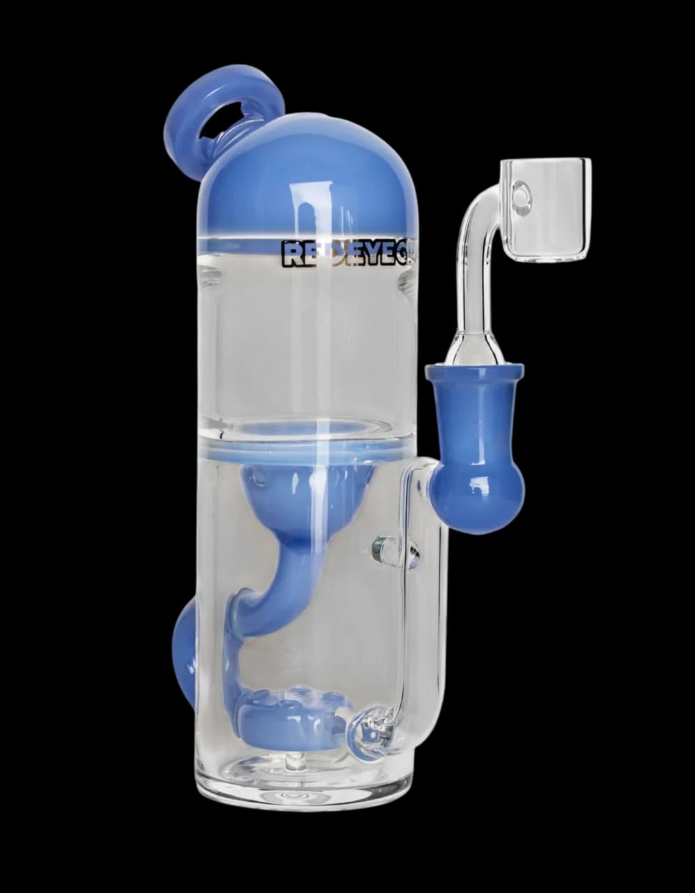 Red Eye Tek Alpha Concentrate Incycler with 5-hole disc percolator, 7 inches tall, blue and clear glass water pipe with matching bowl attachment