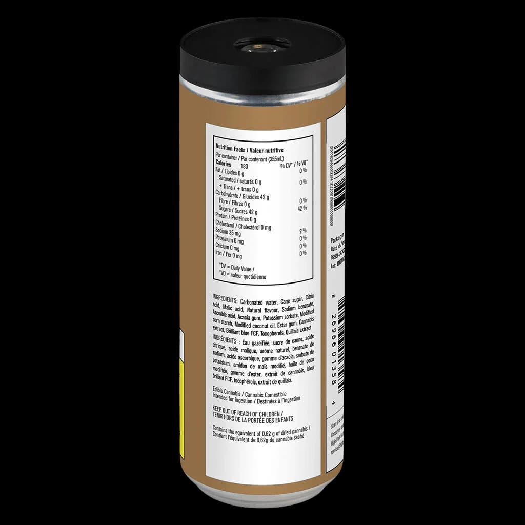 Mary Jones Boot Rear cannabis beverage can showing nutrition facts, ingredients, and bilingual labeling