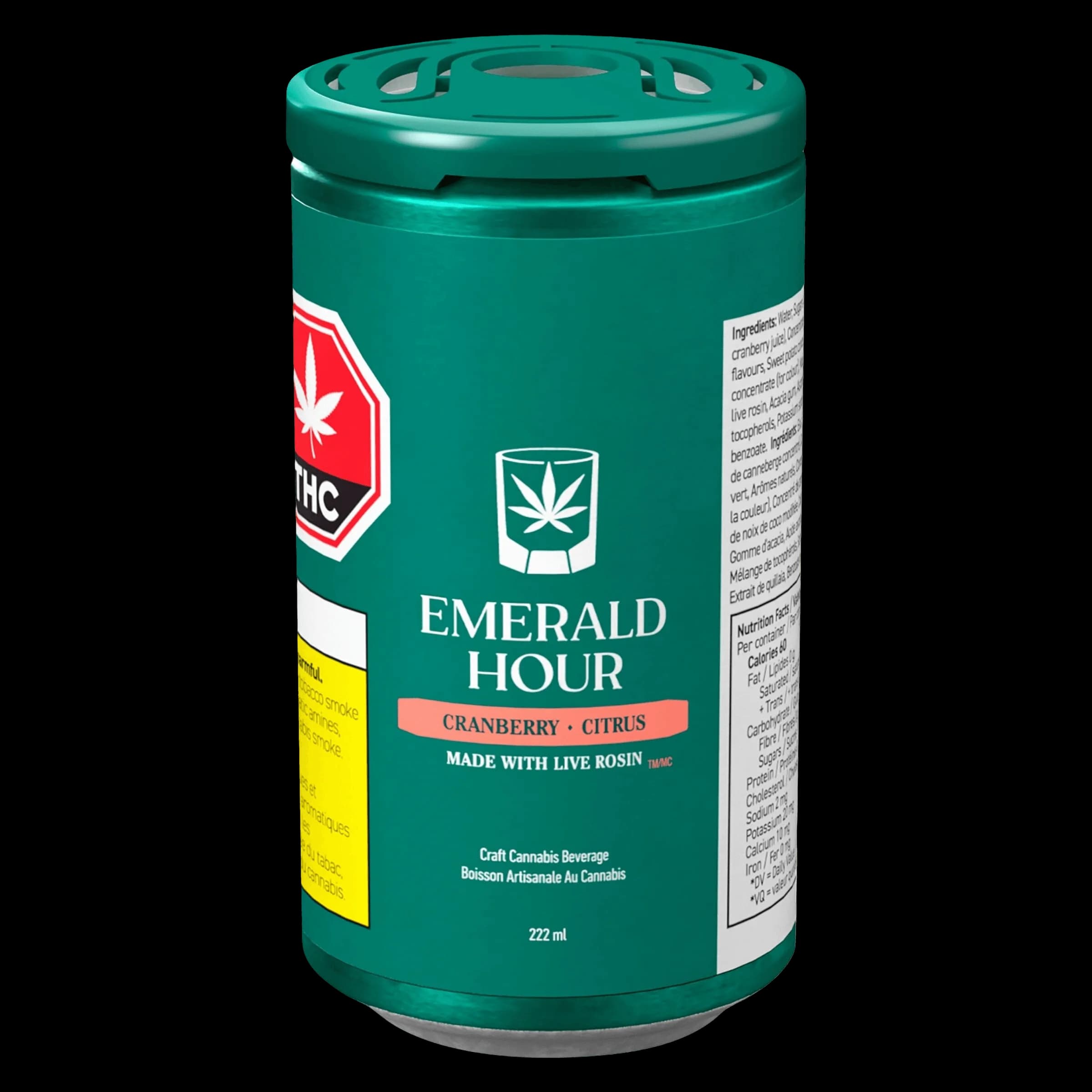 Emerald Hour Cranberry Citrus 222ml cannabis beverage can with live rosin, teal packaging with red THC warning label
